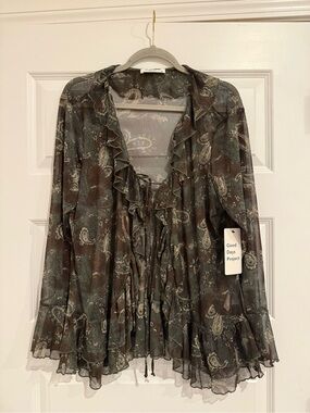 Free People Good Days Ruffled Paisley Sheer Blouse - Olive Brown